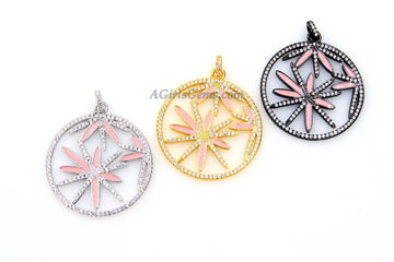Pink Enamel Flower Pendant, CZ Micro Pave Round Disc MultiColor Pink/Black/Silver/Gold Large Charm Pendants - 46 x 50 mm Marijuana Starburst